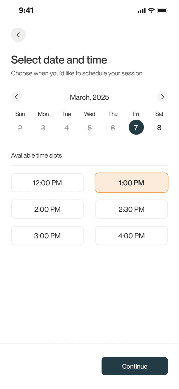 OOMA app — Select date and time