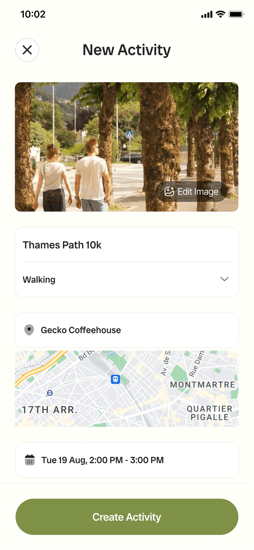 Outside app — New Activity screen