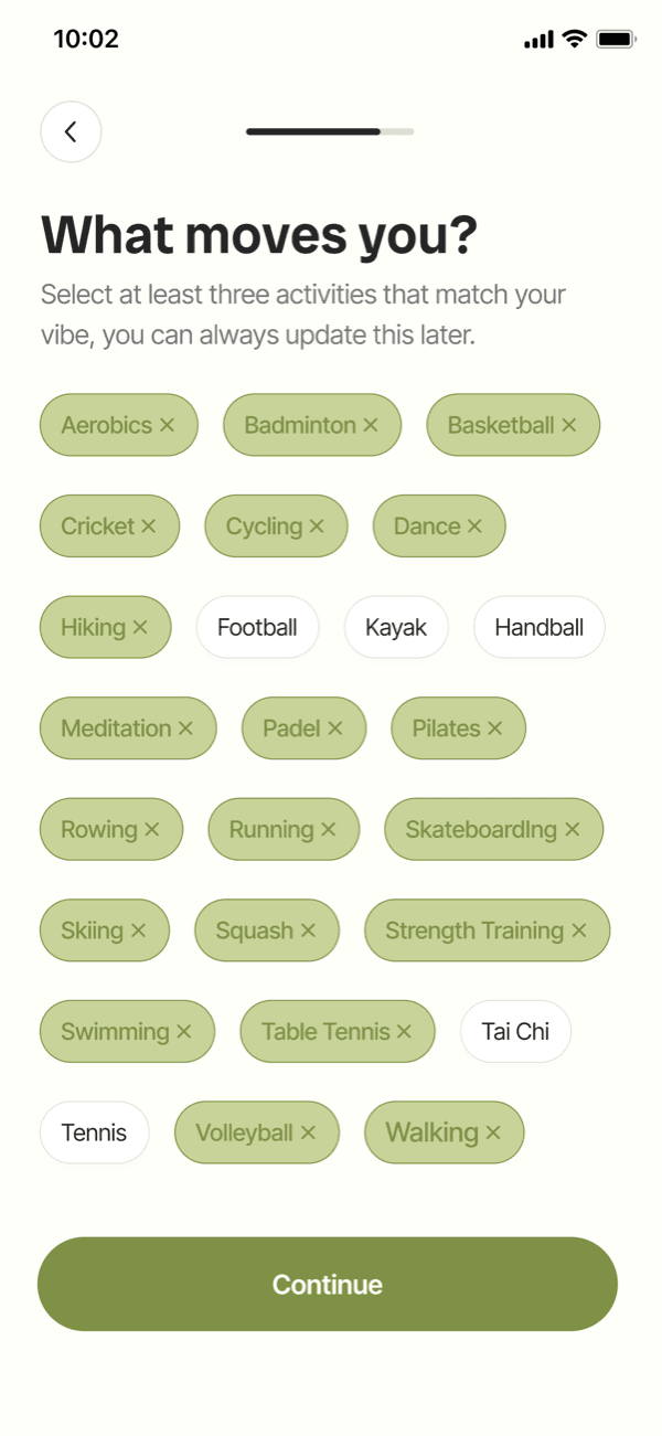 Outside app — Select activities