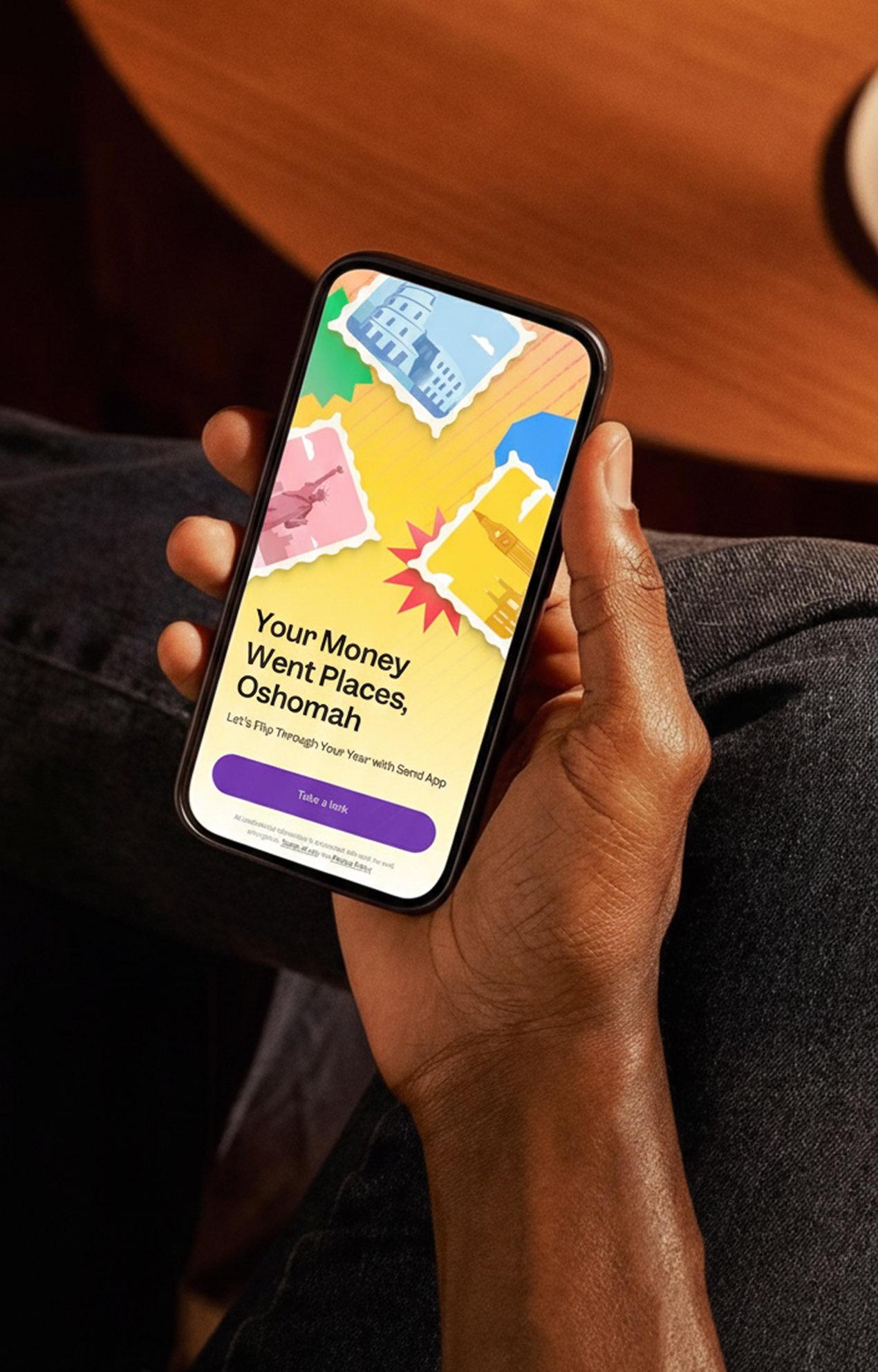 Hand holding a phone showing 'Your Money Went Places, Oshomah'