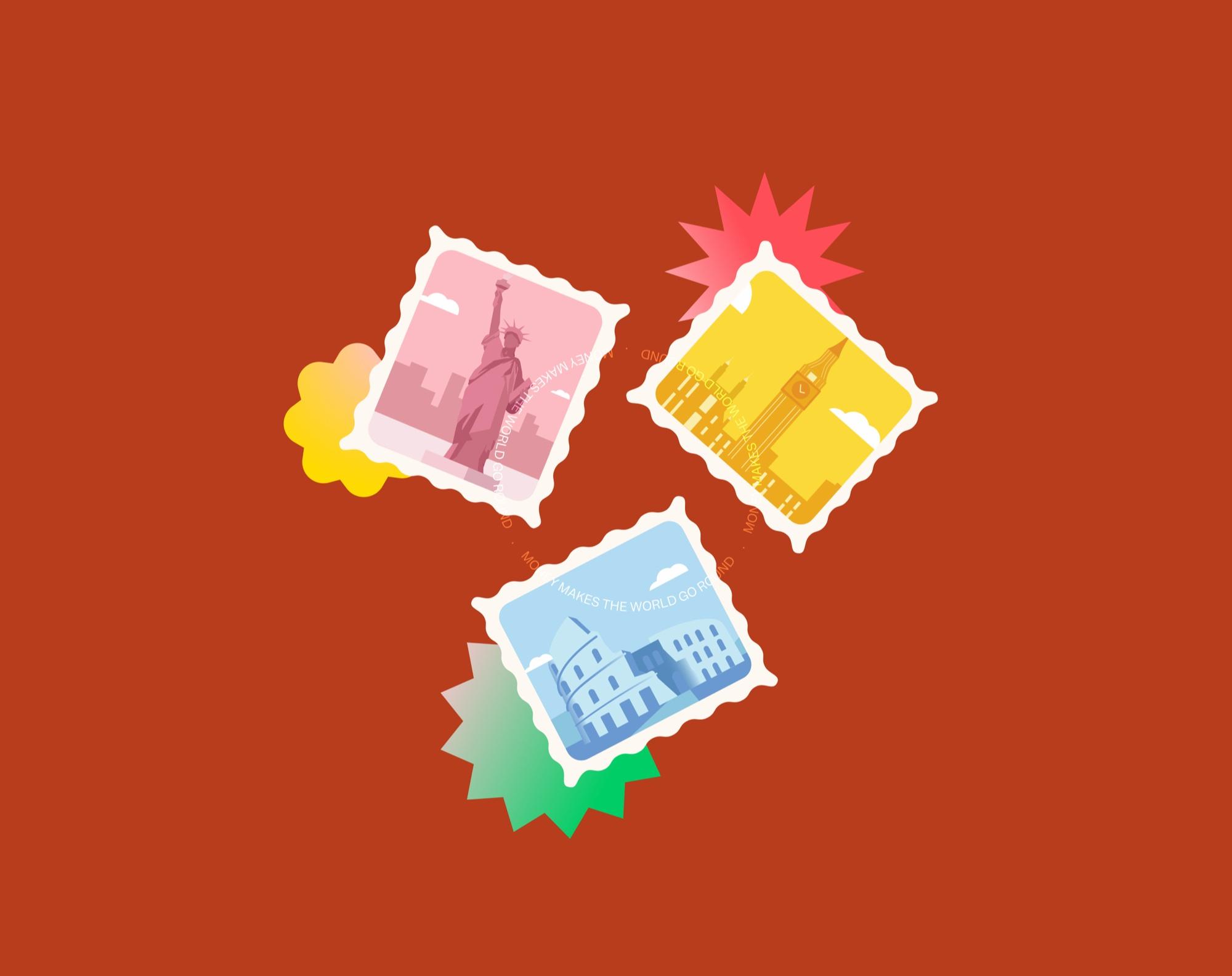 Postage stamps of the Statue of Liberty, Big Ben and the Colosseum