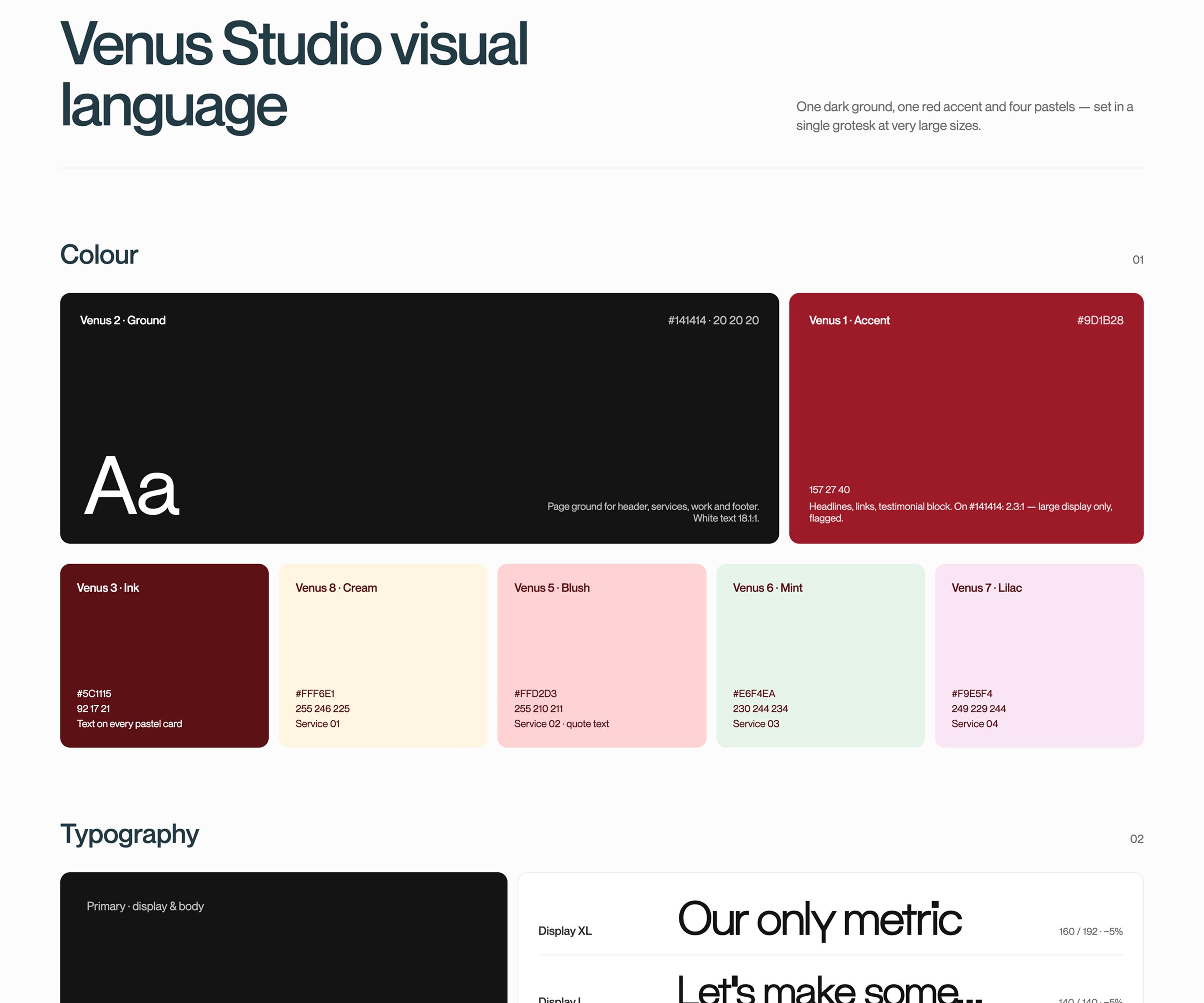 Venus Studio visual language: colours and typography